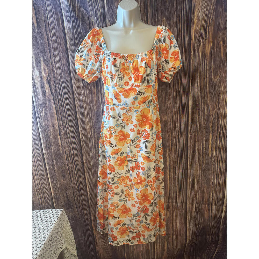 ChicMe‎ Floral Puff Sleeve Midi Dress Orange Size S